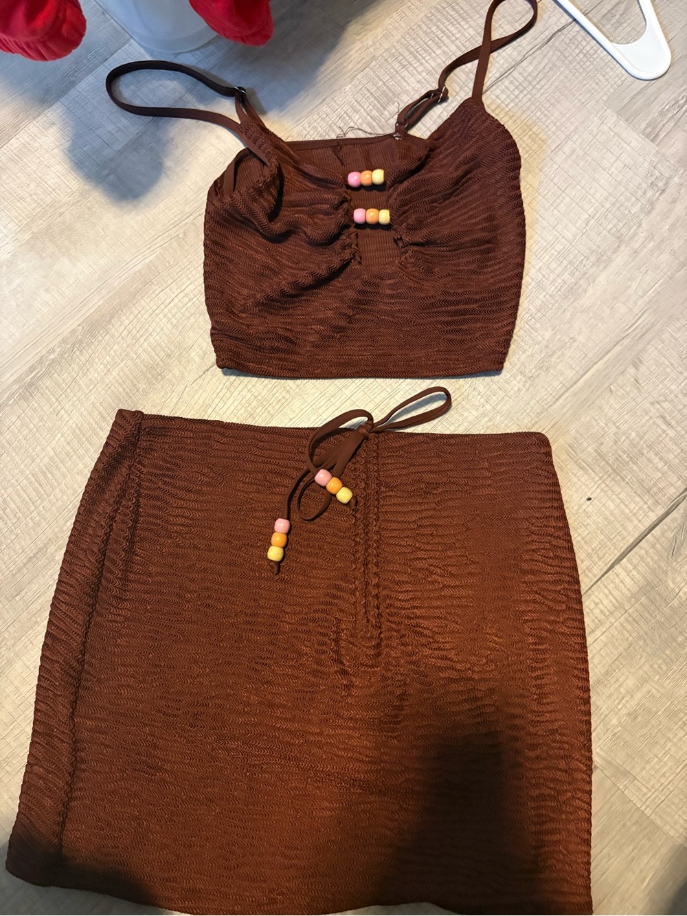 Dippin' Daisy's Chocolate Brown Ribbed Crop Top & Skirt Set with Bead Accents
